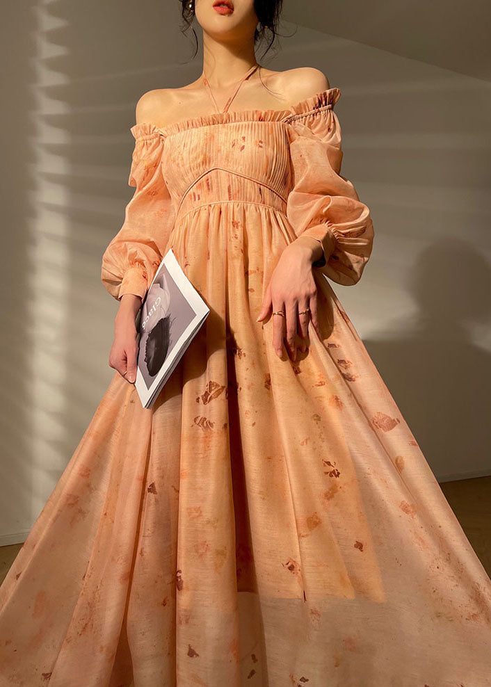 Diy Orange Slash Neck Wrinkled Exra Large Hem Print Silk Cinch Dresses Long Sleeve