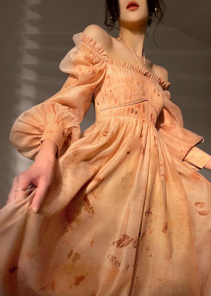Diy Orange Slash Neck Wrinkled Exra Large Hem Print Silk Cinch Dresses Long Sleeve
