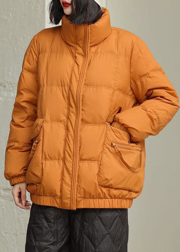 Diy Orange Stand Collar Zip Up Pockets Duck Down Jacket in Winter