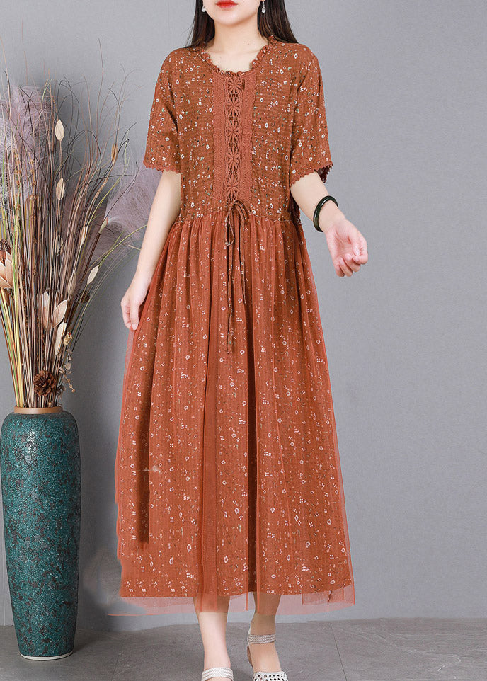 Diy Orange Tie Waist Embroideried Tulle Dress Short Sleeve