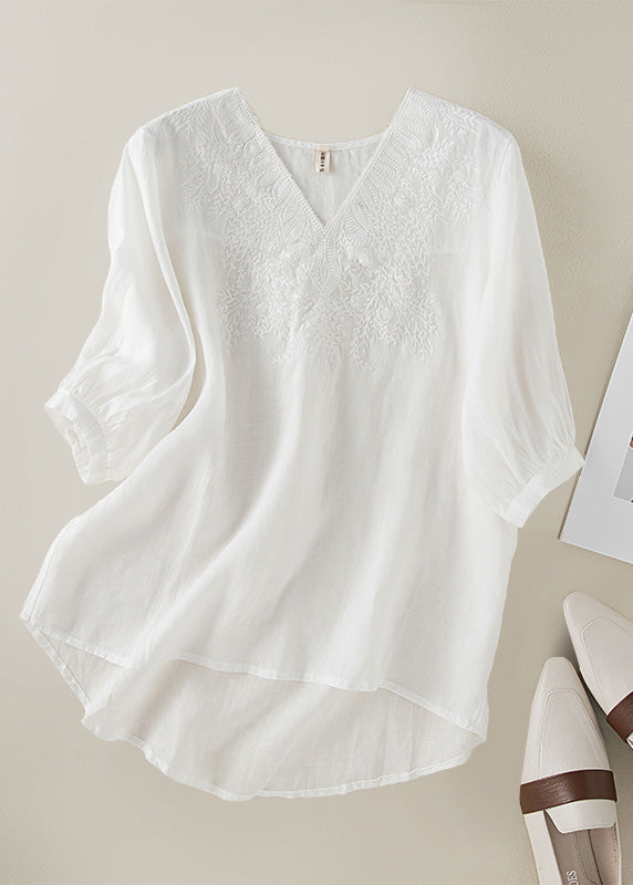 Diy Orange V Neck Embroideried Low High Design Linen Top Half Sleeve