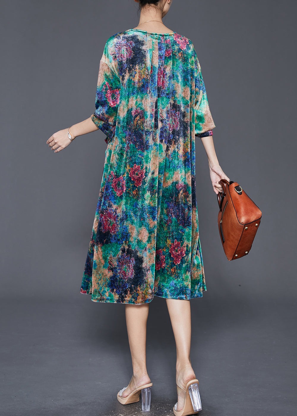 Diy Peacock Green Oversized Print Silk Velour Mid Dress Fall