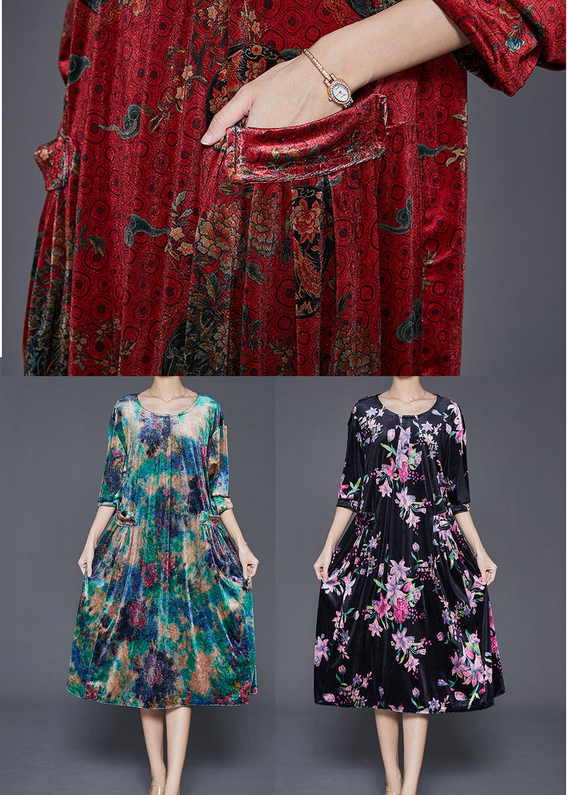 Diy Peacock Green Oversized Print Silk Velour Mid Dress Fall