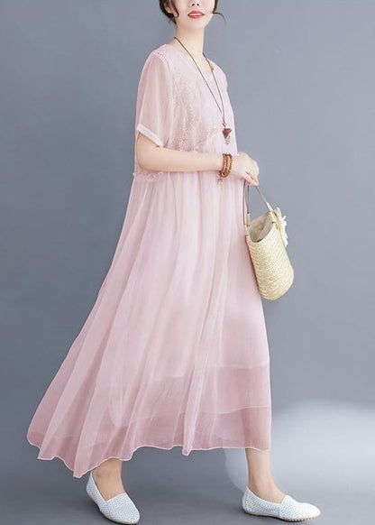 Diy Pink Embroideried Exra Large Hem Cotton Long Dress Summer