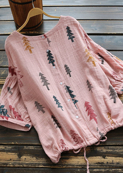 Diy Pink O Neck Print Cinched Patchwork Cotton Shirt Top Summer