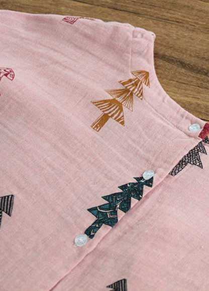 Diy Pink O Neck Print Cinched Patchwork Cotton Shirt Top Summer