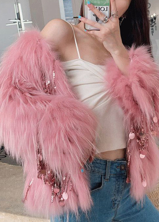 Diy Pink O-neck Tassel Leather and Faux Fur Coats Winter