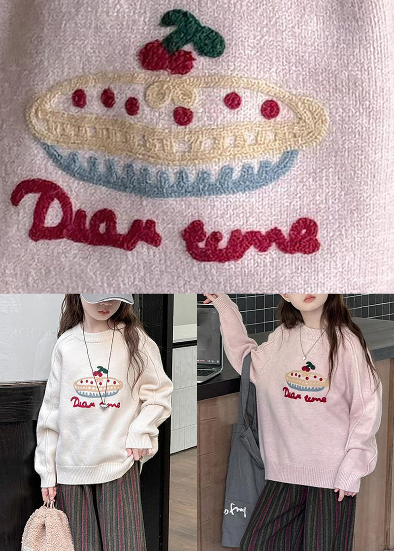Diy Pink O-neck Thick Cotton Knit Kids Sweaters Spring