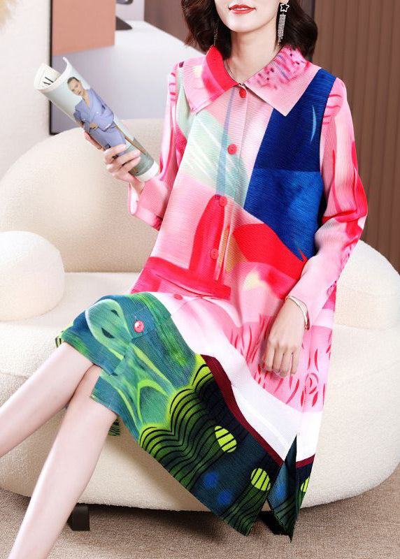 Diy Pink Peter Pan Collar Print Side Open Long Dresses Spring