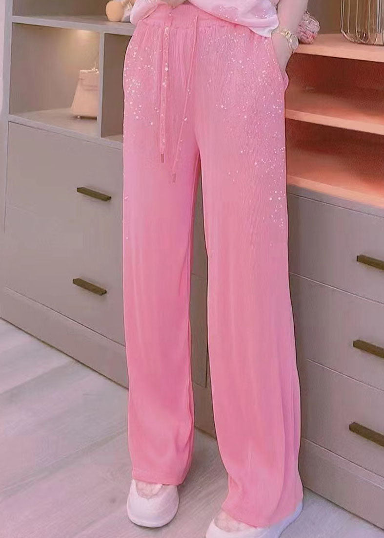 Diy Pink Pockets Zircon Patchwork Ice Silk Wide Leg Pants Summer