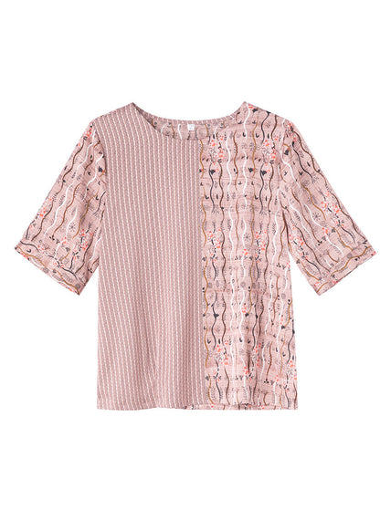 Diy Pink Print Striped Patchwork Silk T Shirt Short Sleeve