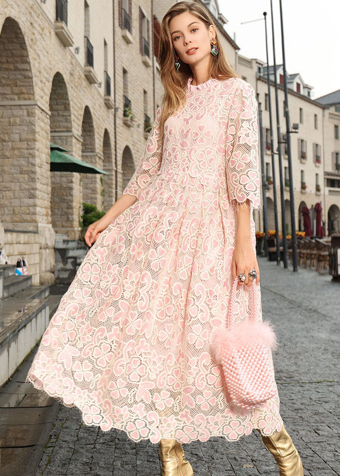 Diy Pink Stand Collar Hollow Out Patchwork Lace Maxi Dresses Bracelet Sleeve