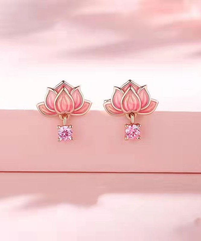 Diy Pink Sterling Silver Overgild Inlaid Zircon Enamerl Stud Earrings