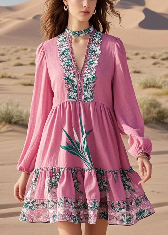 Diy Pink V Neck Print Cotton Work Dress Spring