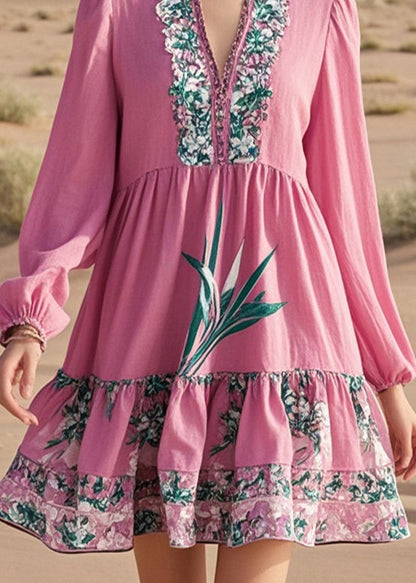 Diy Pink V Neck Print Cotton Work Dress Spring