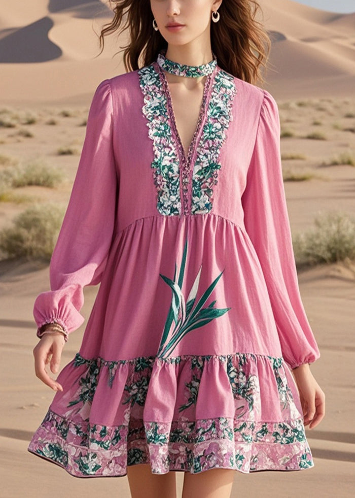 Diy Pink V Neck Print Cotton Work Dress Spring