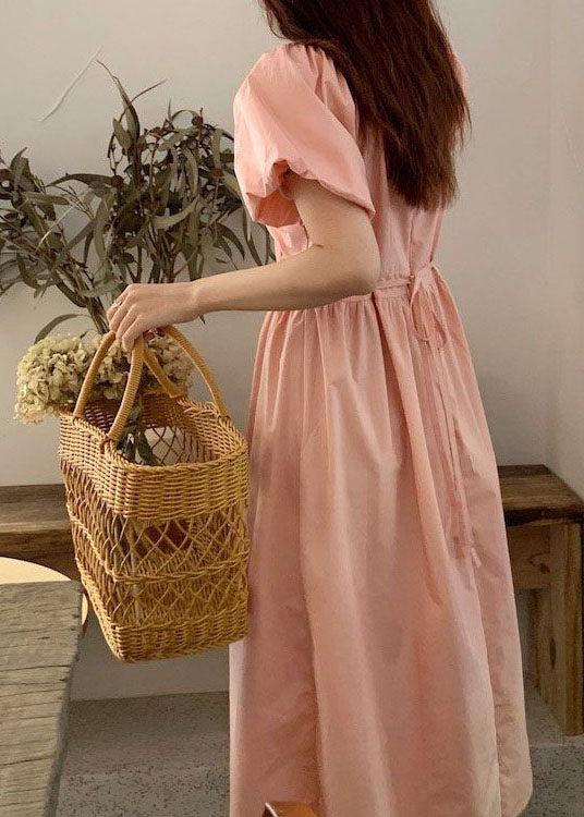 Diy Pink V Neck Wrinkled Patchwork Cotton Long Dress Summer
