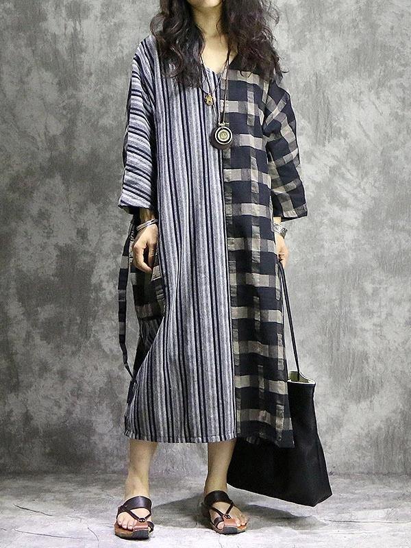 Diy Plaid Patchwork Striped Cotton Linen Quilting Dresses V Neck Pockets Maxi Dress