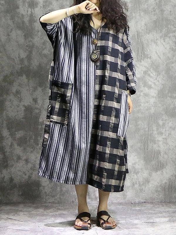 Diy Plaid Patchwork Striped Cotton Linen Quilting Dresses V Neck Pockets Maxi Dress