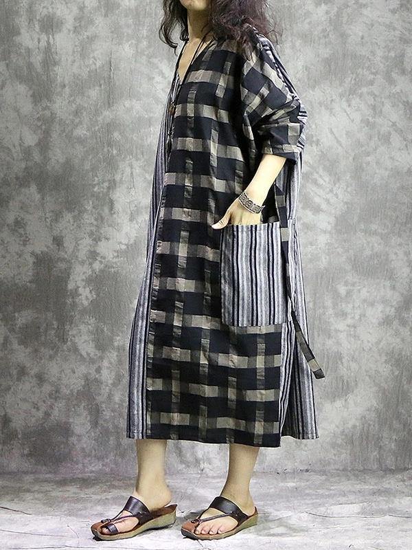 Diy Plaid Patchwork Striped Cotton Linen Quilting Dresses V Neck Pockets Maxi Dress