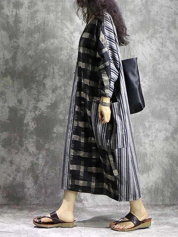 Diy Plaid Patchwork Striped Cotton Linen Quilting Dresses V Neck Pockets Maxi Dress