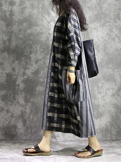 Diy Plaid Patchwork Striped Cotton Linen Quilting Dresses V Neck Pockets Maxi Dress
