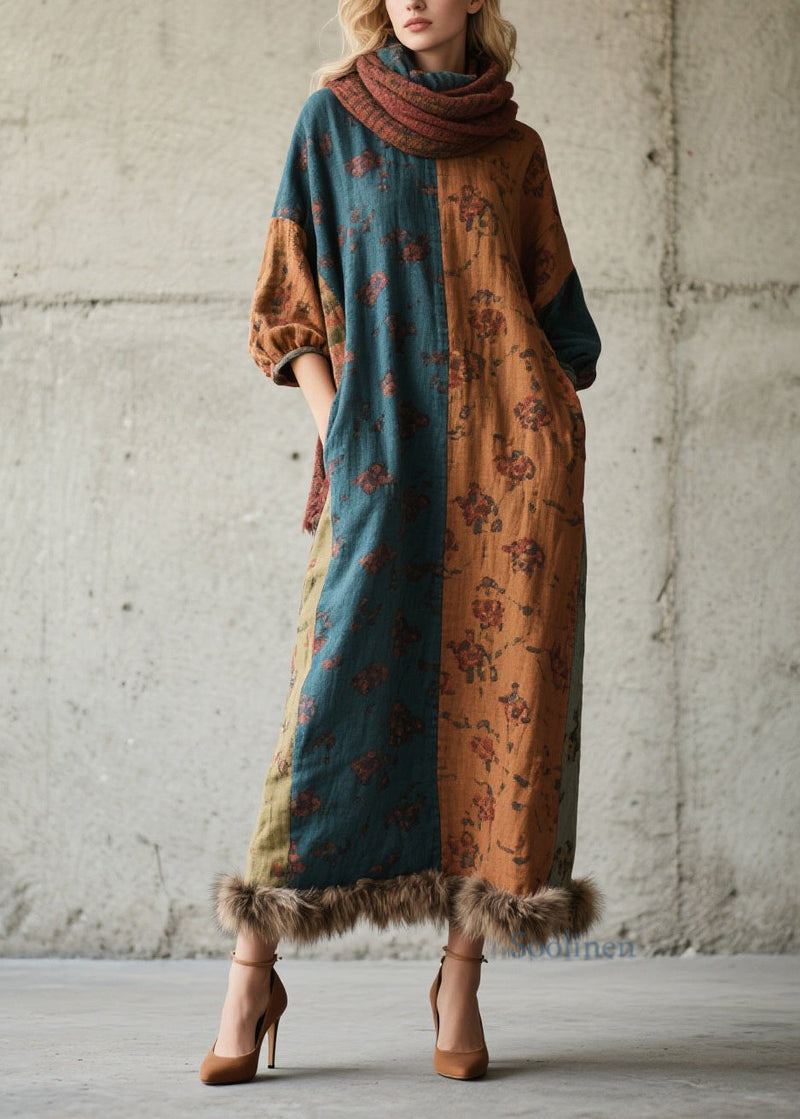 Diy Print Fuzzy Fur Fluffy Patchwork Cotton Long Dress Fall