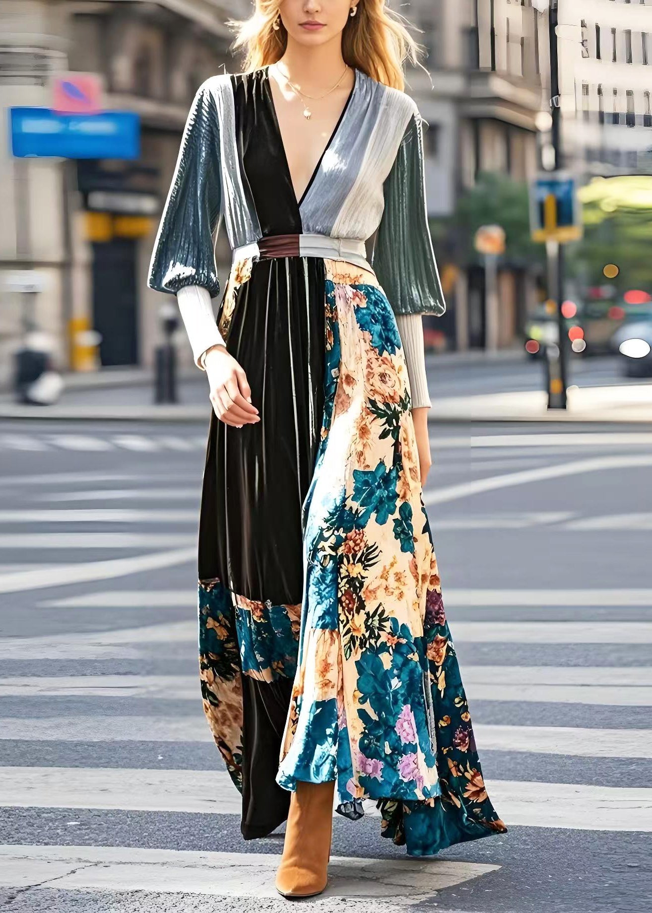 Diy Print Patchwork Exra Large Hem Silk Velvet Holiday Dress Spring
