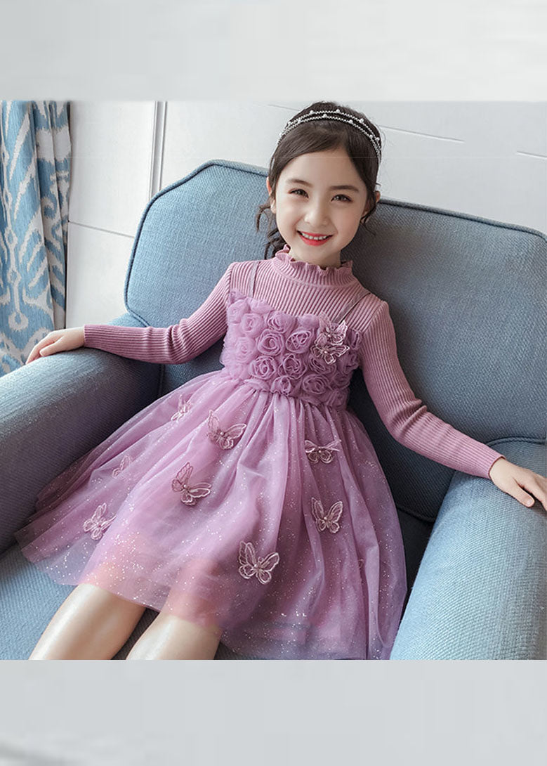 Diy Purple Butterfly Embroideried Patchwork Tulle Long Dresses Fall