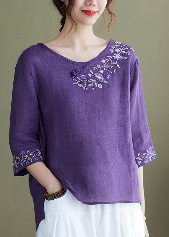 Diy Pink Flower Embroidered Side Open Half Sleeve Top