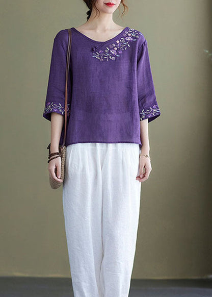 Diy Purple Crane Embroidered Side Open Half Sleeve Top