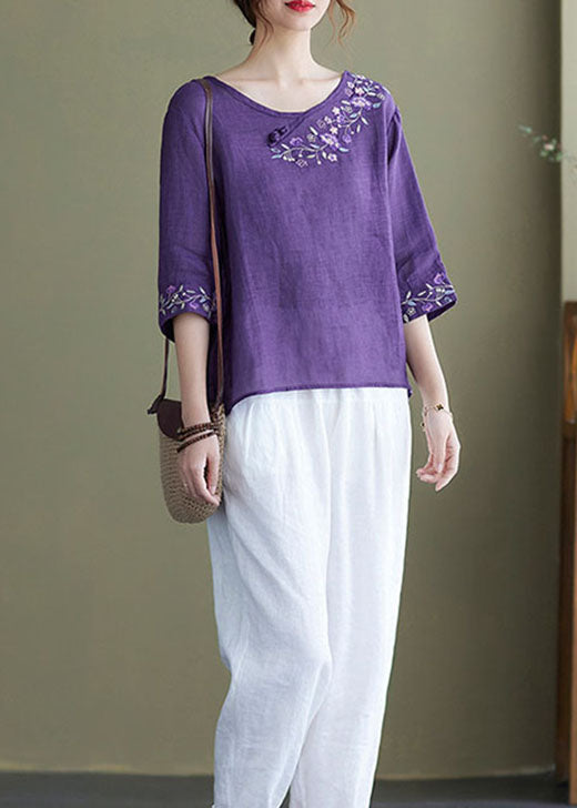 Diy Purple Crane Embroidered Side Open Half Sleeve Top