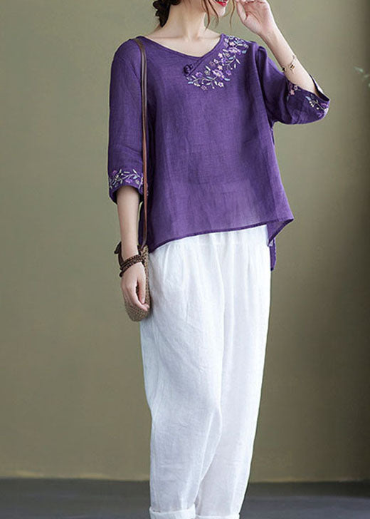 Diy Purple Crane Embroidered Side Open Half Sleeve Top