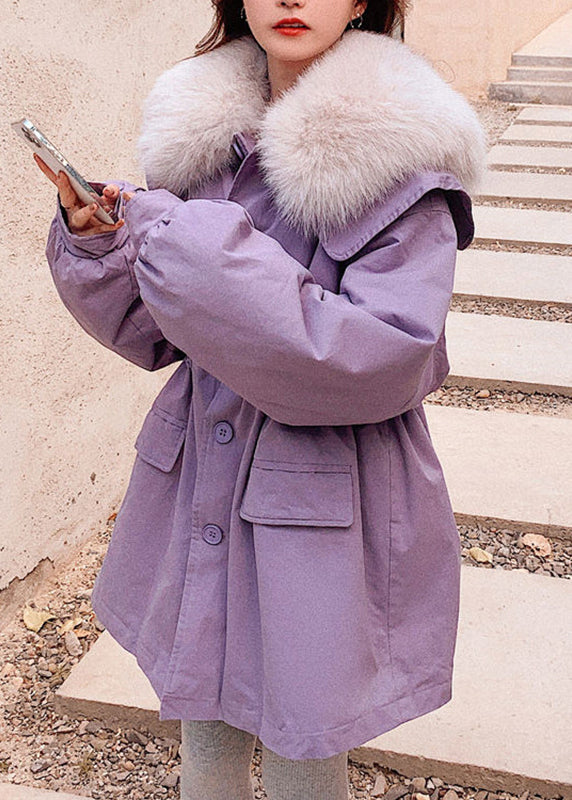 Diy Purple Fur Collar Pockets Patchwork Button Warm Fleece Parka Winter