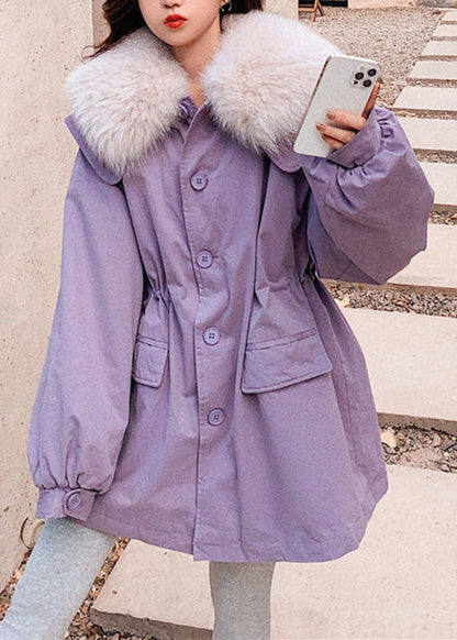 Diy Purple Fur Collar Pockets Patchwork Button Warm Fleece Parka Winter