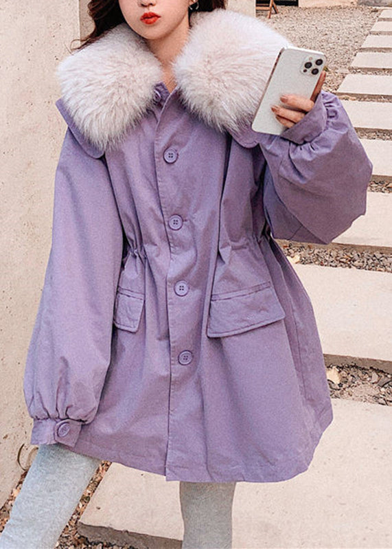 Diy Purple Fur Collar Pockets Patchwork Button Warm Fleece Parka Winter