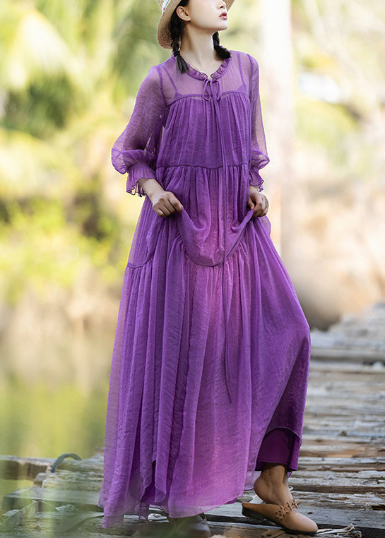 Diy Purple O-neck Neck Tie Patchwork Chiffon Long Holiday Dresses Spring