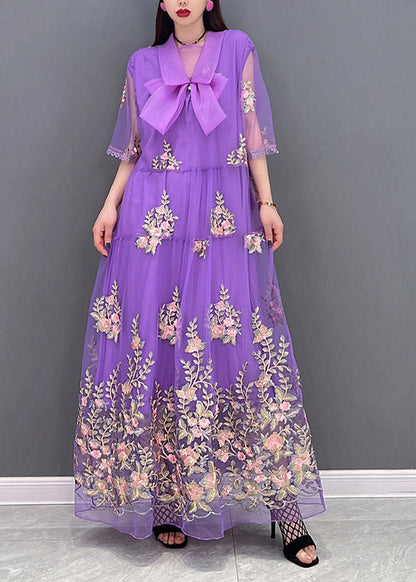 Diy Purple Peter Pan Collar Embroideried Lace Patchwork Tulle Holiday Dress Three Quarter Sleeve