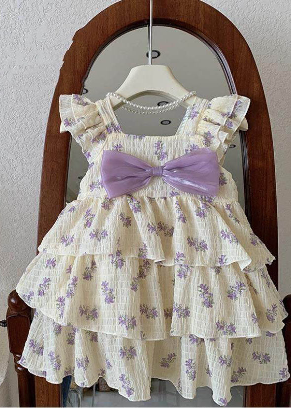 Diy Purple Print Bow Wrinkled Patchwork Cotton Kids Dress Summer