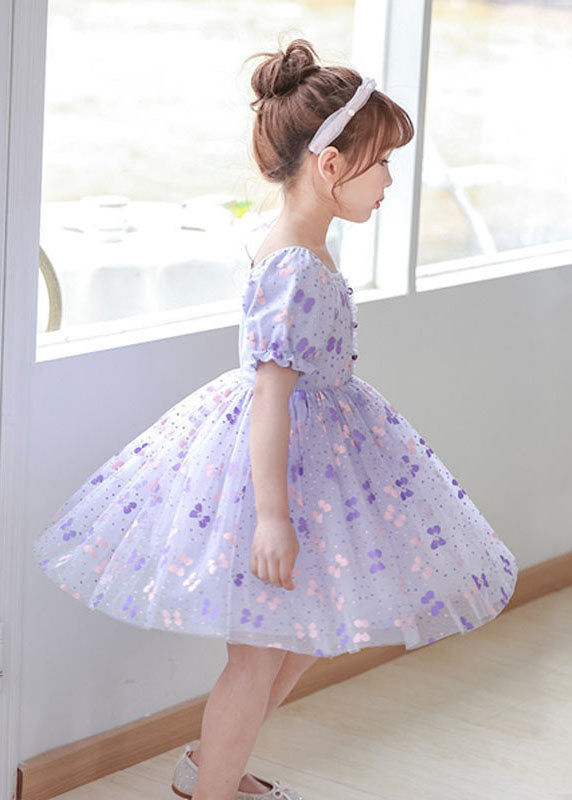 Diy Purple Square Collar Wrinkled Print Patchwork Tulle Baby Dresses Summer
