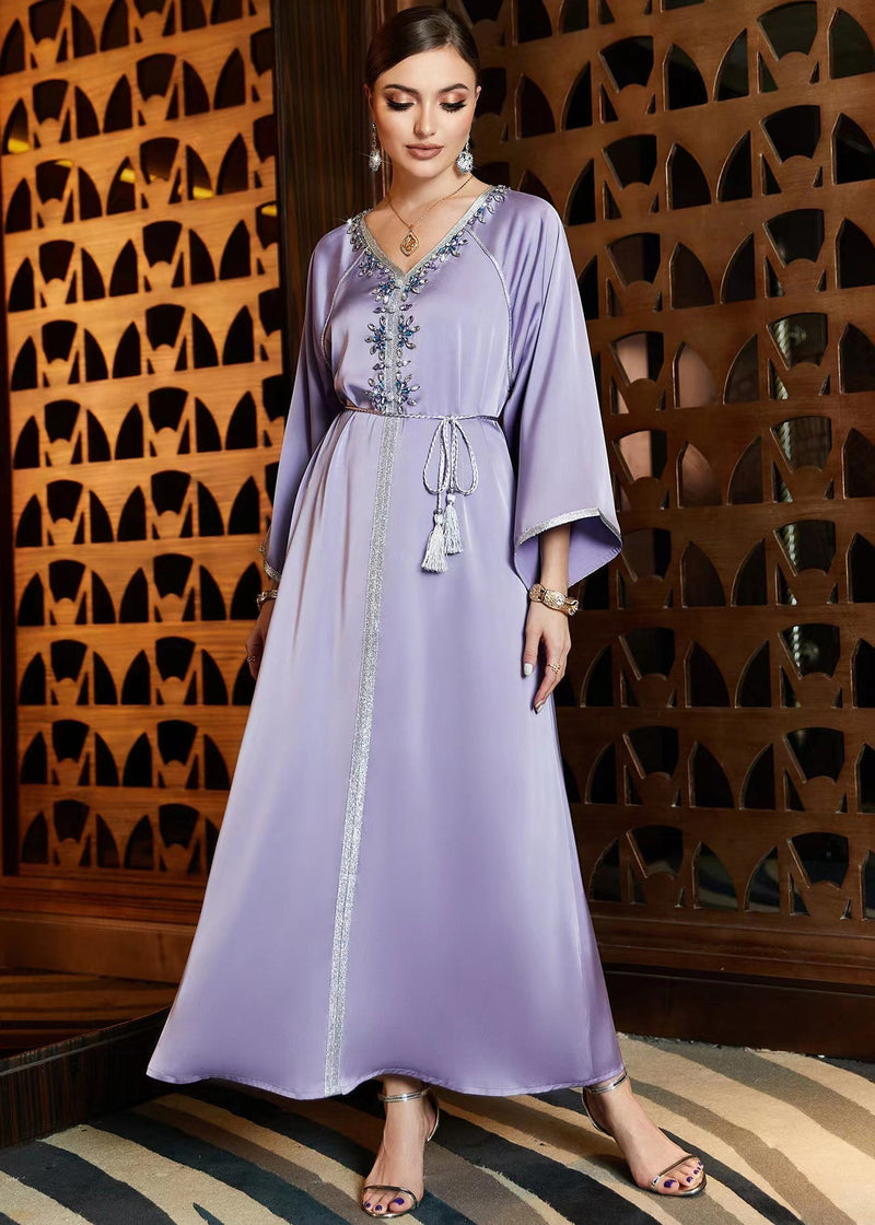 Diy Purple V Neck Patchwork Tie Waist Chiffon Maxi Dress Fall