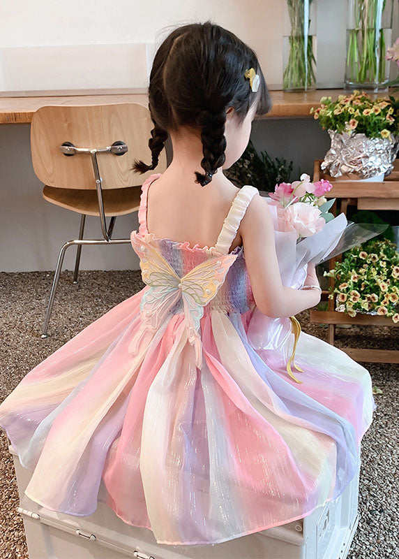 Diy Rainbow Butterfly Wrinkled Patchwork Cotton Kids Dresses Summer