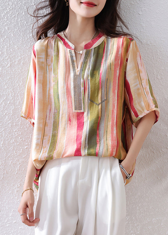 Diy Rainbow V Neck Striped Cotton Top Half Sleeve