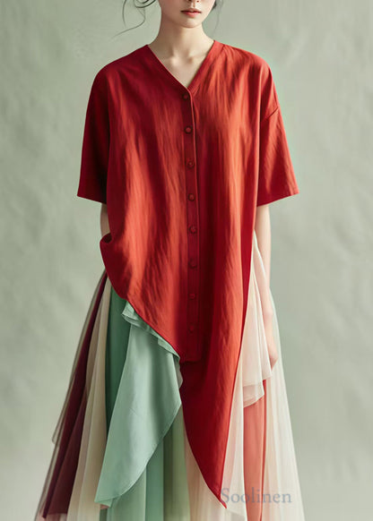 Diy Red Asymmetrical Oversized Cotton Shirt Tops Summer