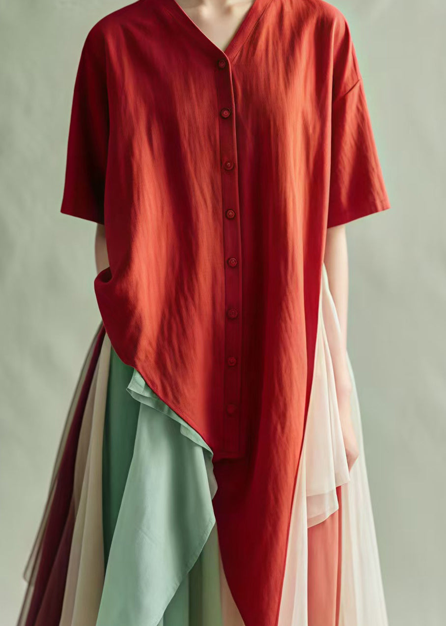 Diy Red Asymmetrical Oversized Cotton Shirt Tops Summer