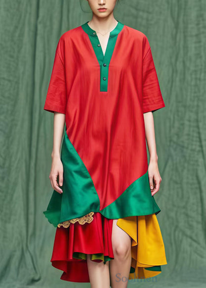 Diy Red Asymmetrical Patchwork Cotton Maxi Dresses Summer