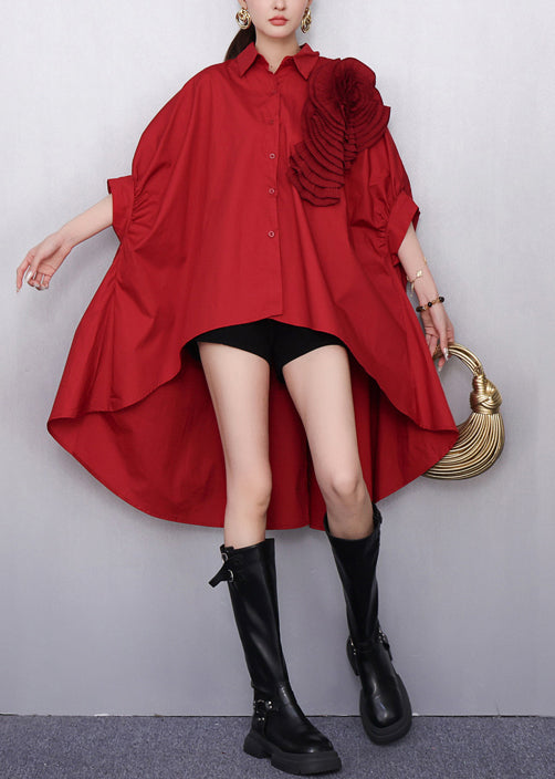 Diy Red Low High Design Cotton Long Shirts Batwing Sleeve
