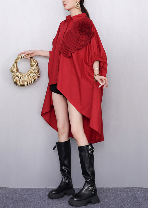 Diy Red Low High Design Cotton Long Shirts Batwing Sleeve