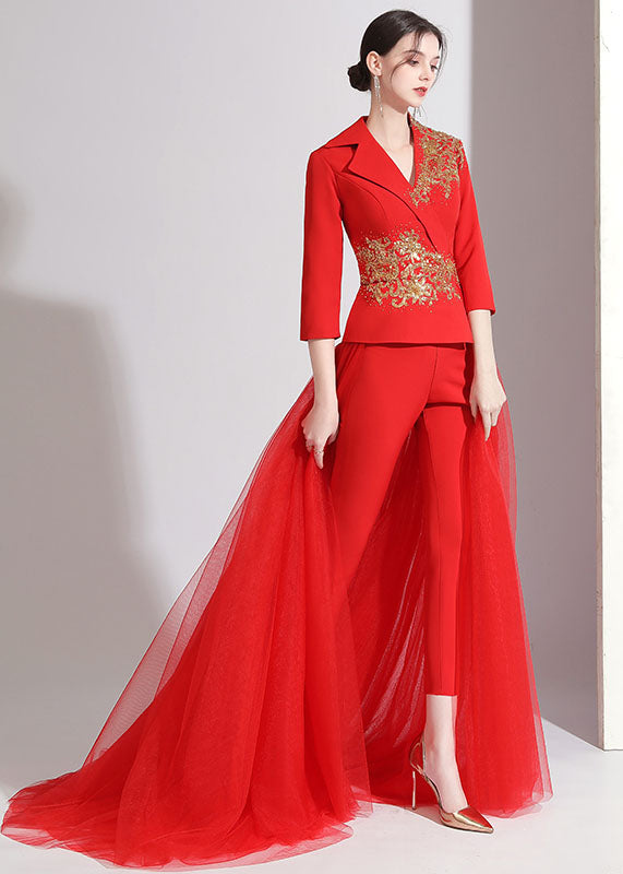 Diy Red Notched Patchwork Detachable Tulle Ribbon Coats and Crop Pants Silk Two Pieces Set Fall