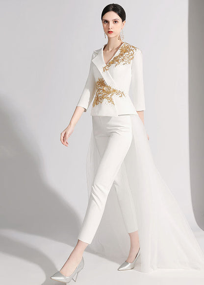 Diy Red Notched Patchwork Detachable Tulle Ribbon Coats and Crop Pants Silk Two Pieces Set Fall